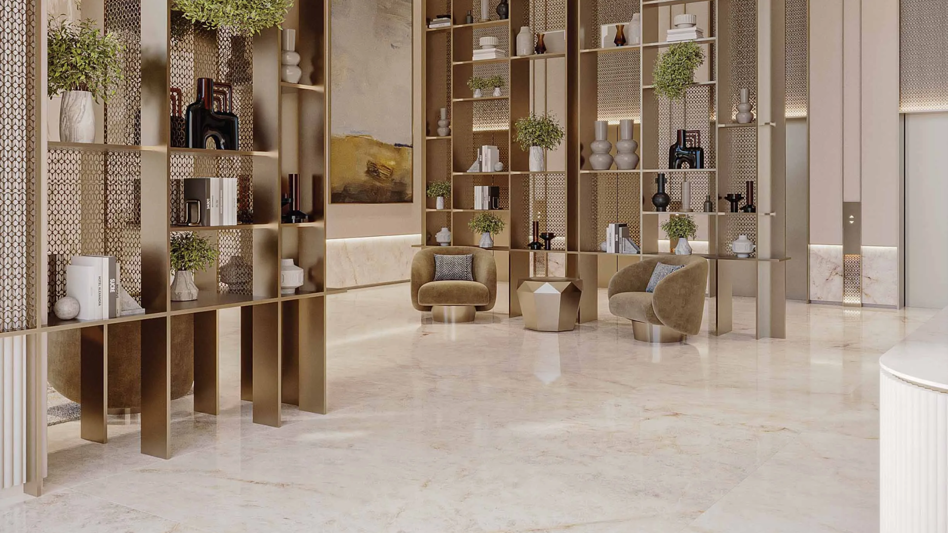 living room with modern sofa, marble coffee table, and abstract art.