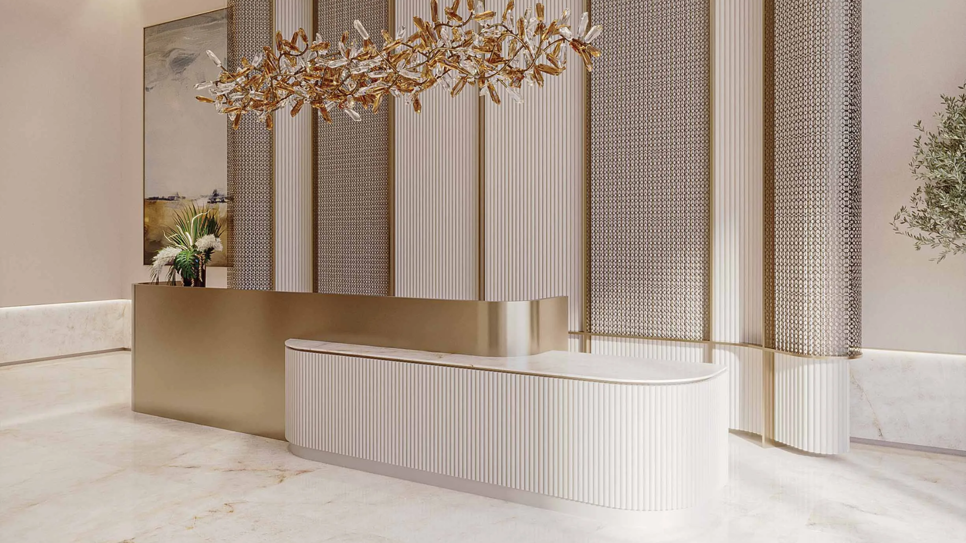 Contemporary living space featuring light-colored furniture and warm accents.