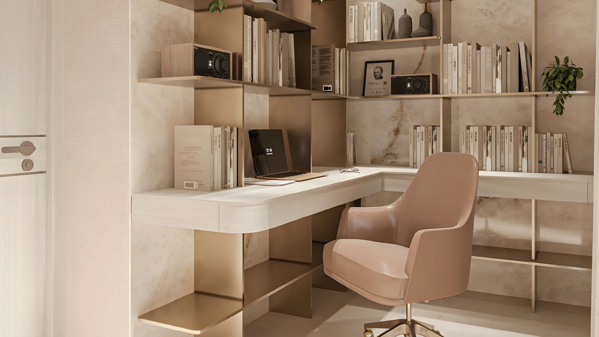 Home office space with laptop, books, and comfortable chair