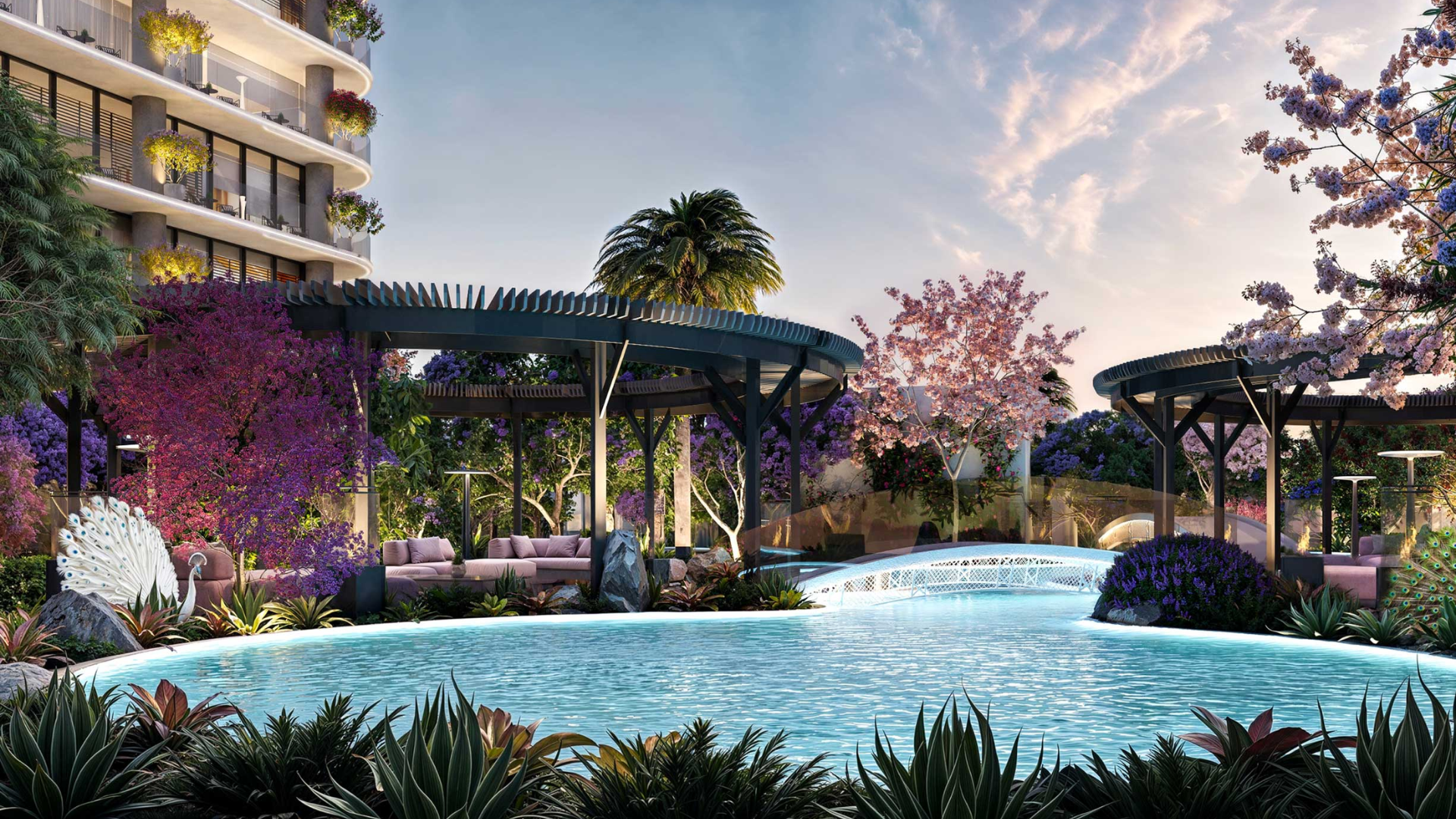 Serene poolside garden with flowering trees, seating pavilions, and ambient lighting