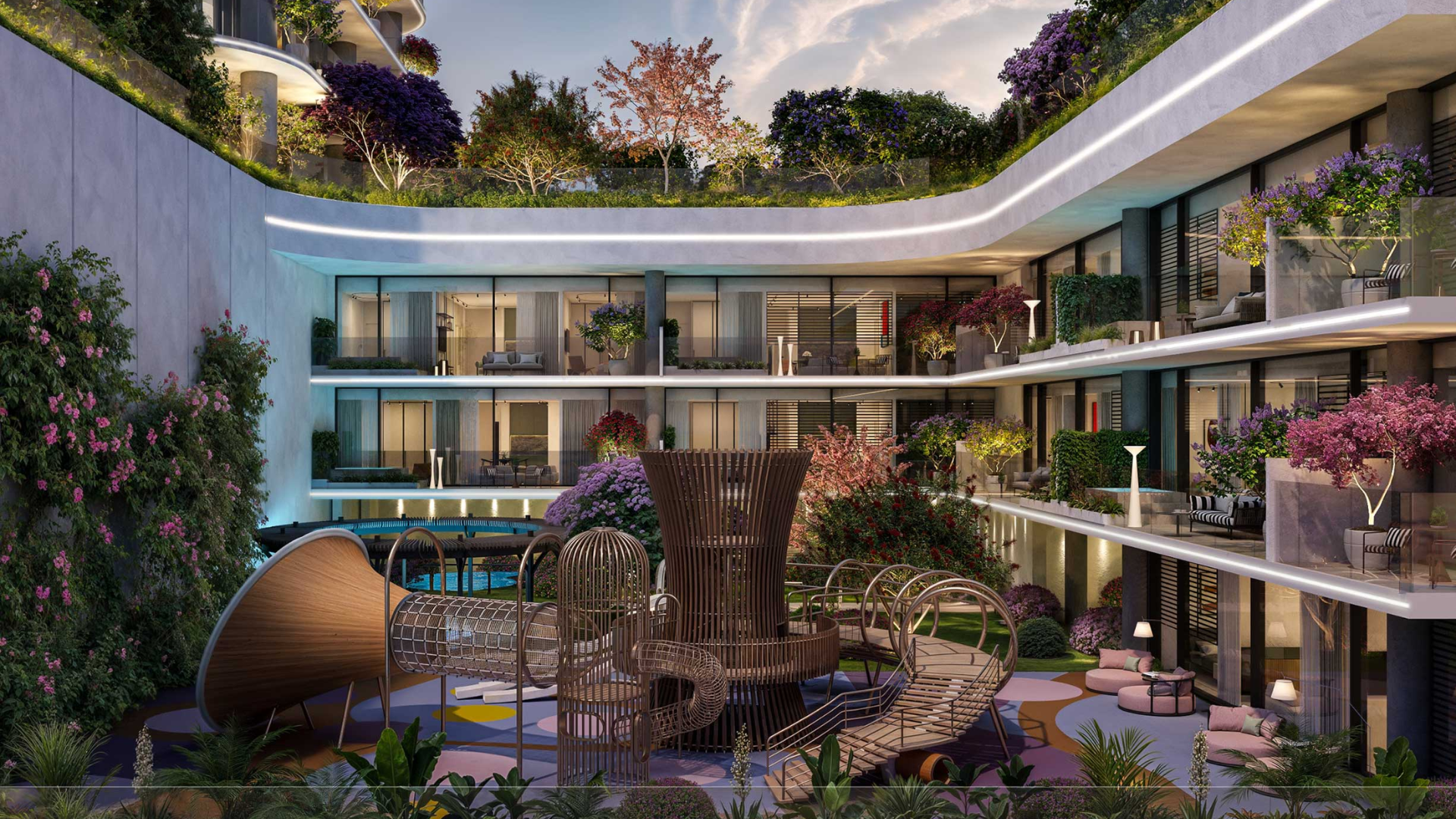 Rooftop deck with lounge seating, telescope, and fire pit overlooking treelined streets