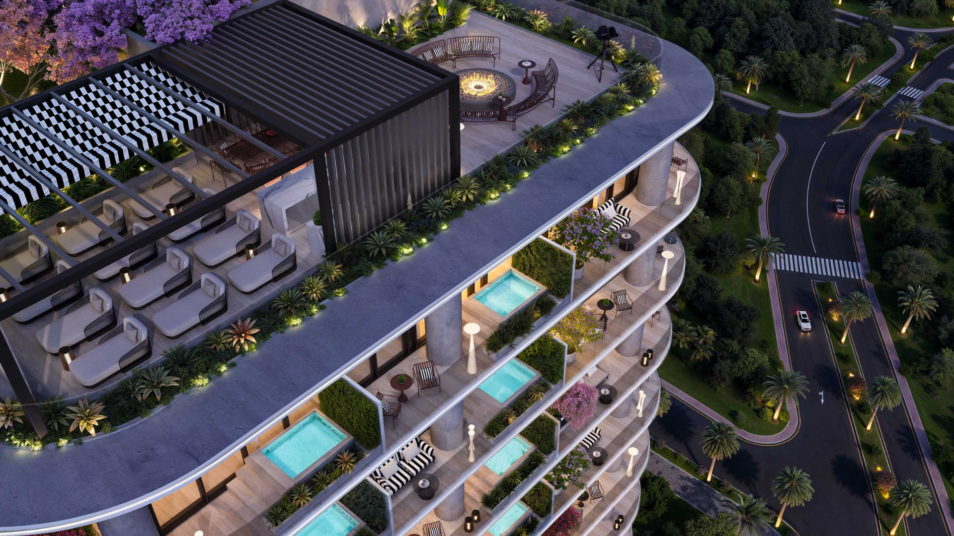 Courtyard view with landscaped balconies, modern play area, and colorful plants