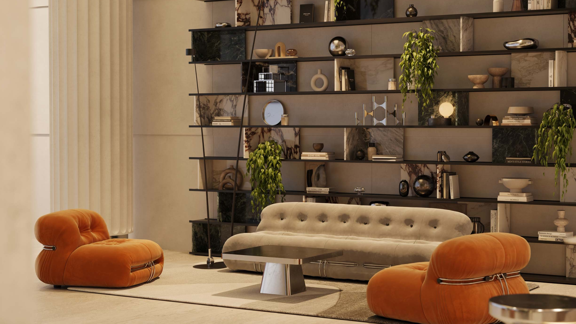 Spacious lounge with curved seating, modern lighting, and indoor greenery