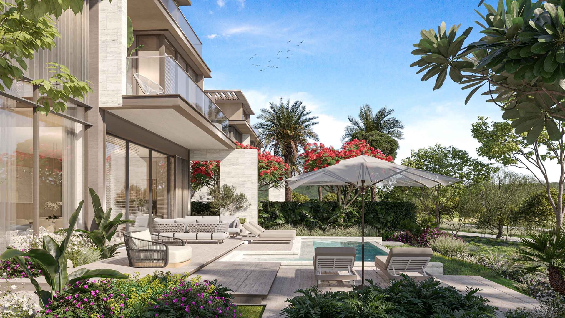 community view of landscaped parks and leisure pools at Nad Al Sheba Gardens