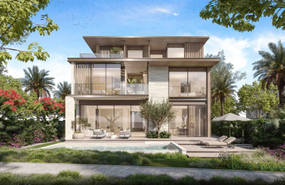 Modern villa exterior with landscaped surroundings in a gated Meydan community