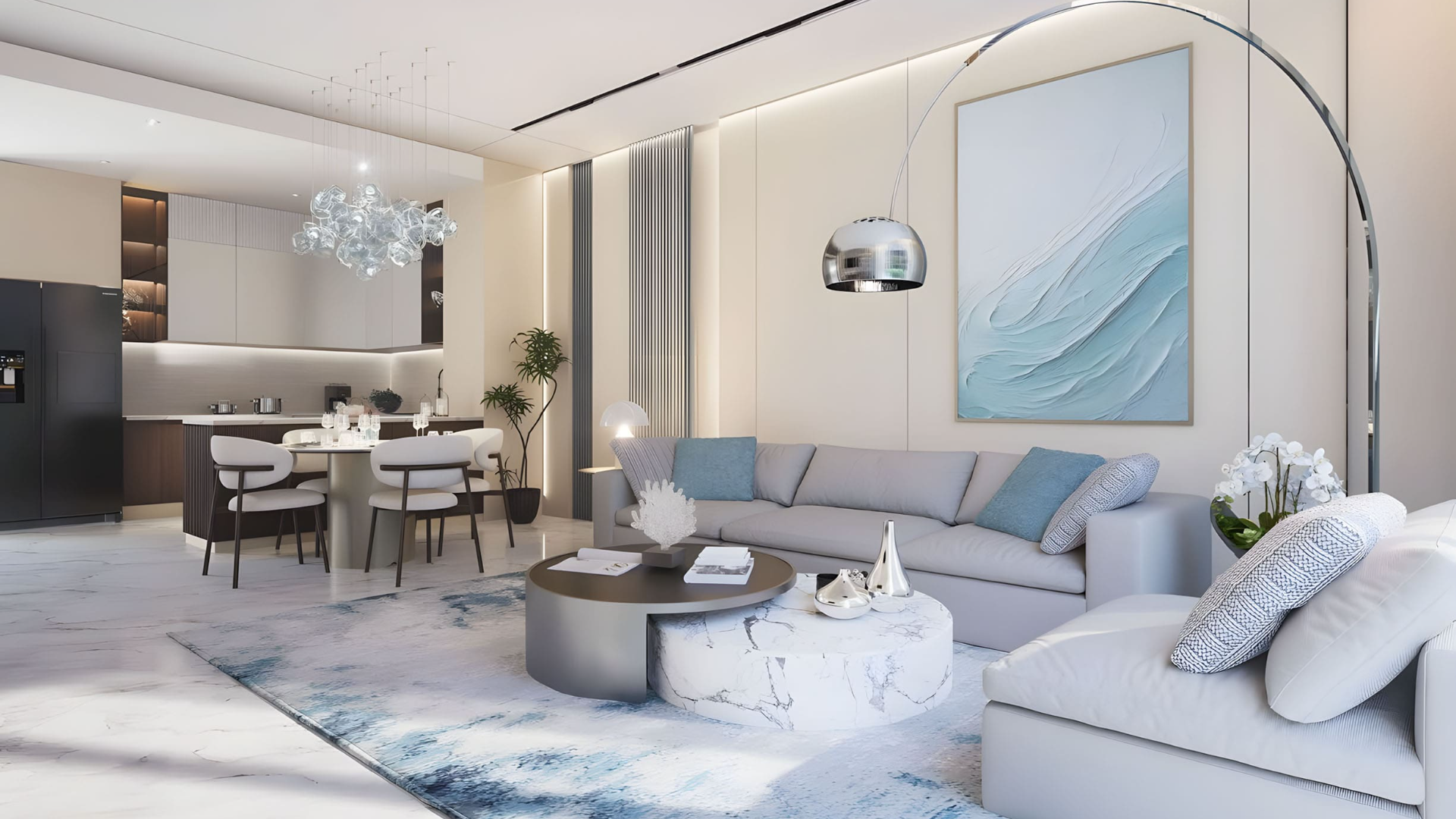 Modern open-plan living room with stylish furniture and contemporary decor