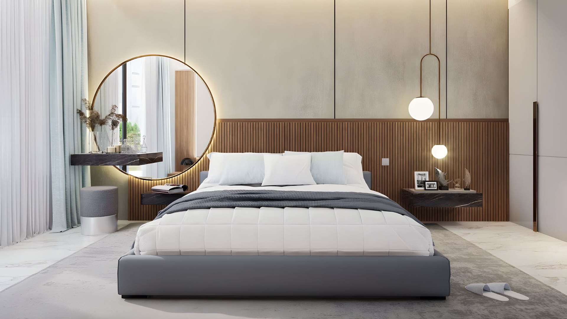 Bedroom interior at Dubai Islands with minimalist décor and modern features