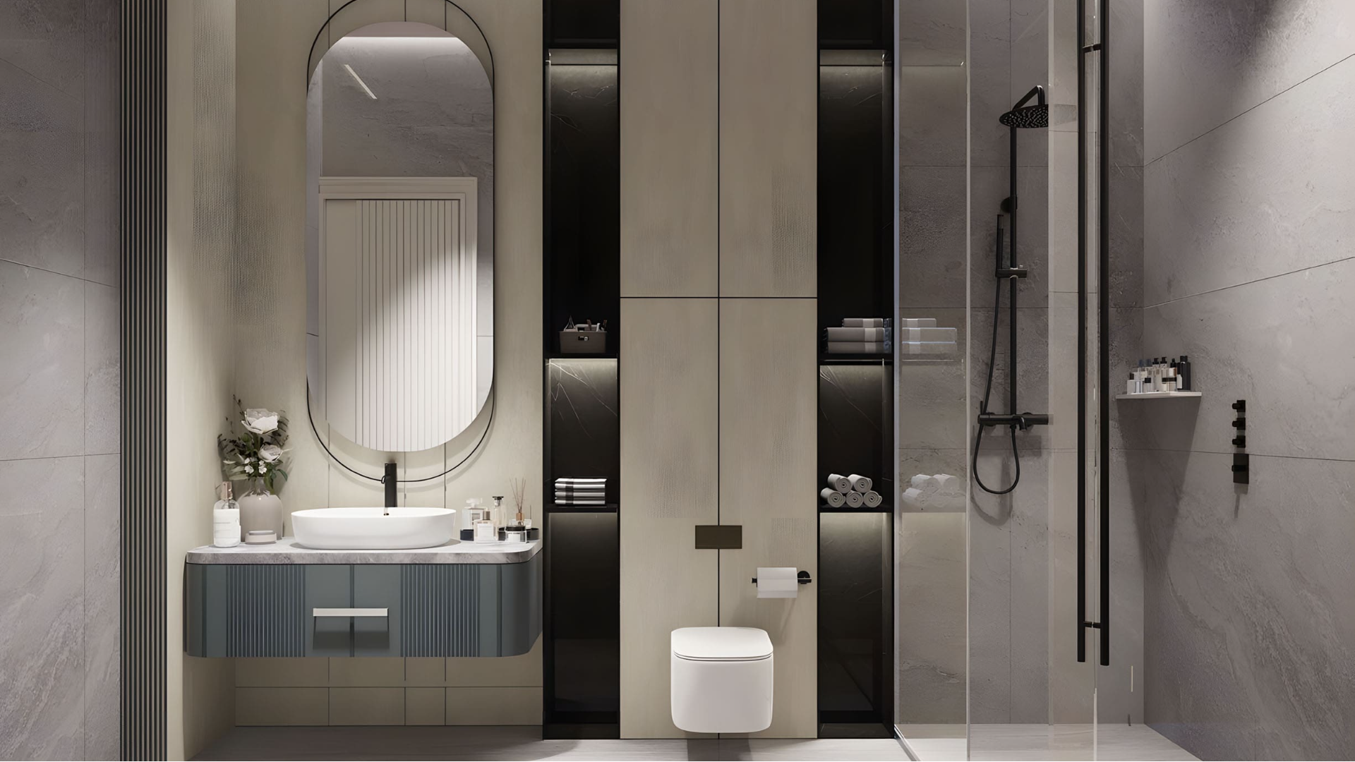 Modern bathroom with oval mirror, floating vanity, and walk-in shower
