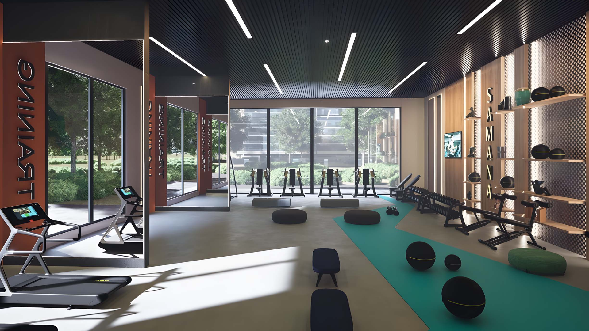 Modern gym with treadmills and workout equipment, natural light.