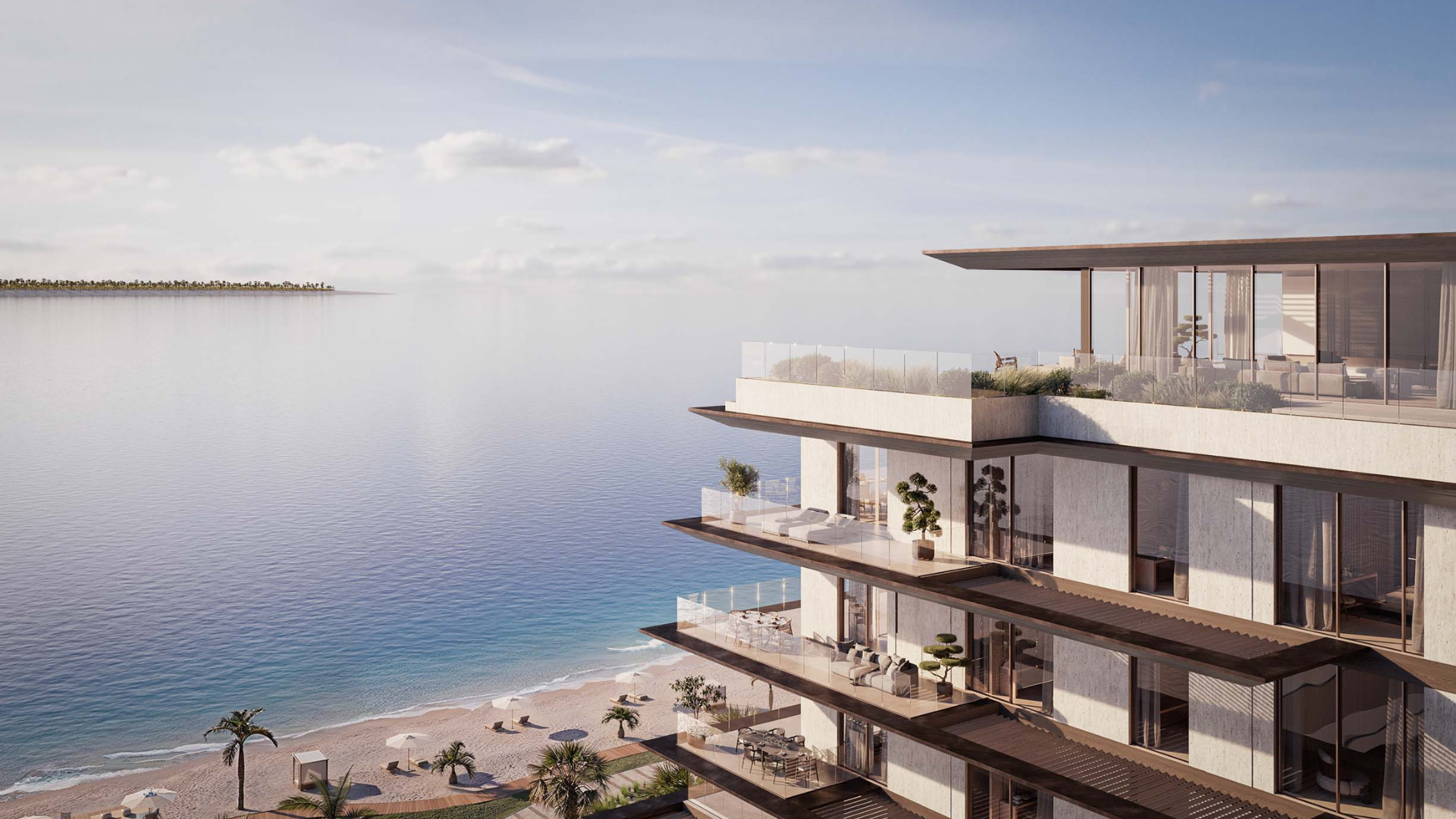 Elegant living room with sea-facing balcony in Dubai Islands residence