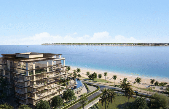 Beachfront view from private terrace at Omoria Private Residences with calm water and modern seating