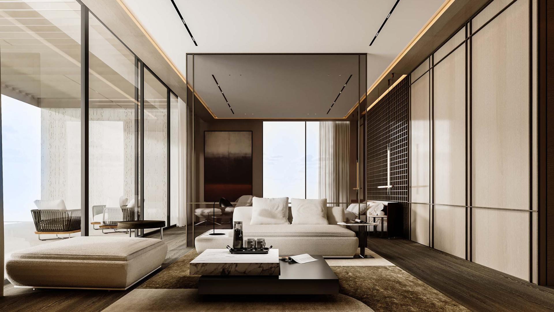 The lobby seating reflects a tranquil, welcoming atmosphere with bespoke craftsmanship