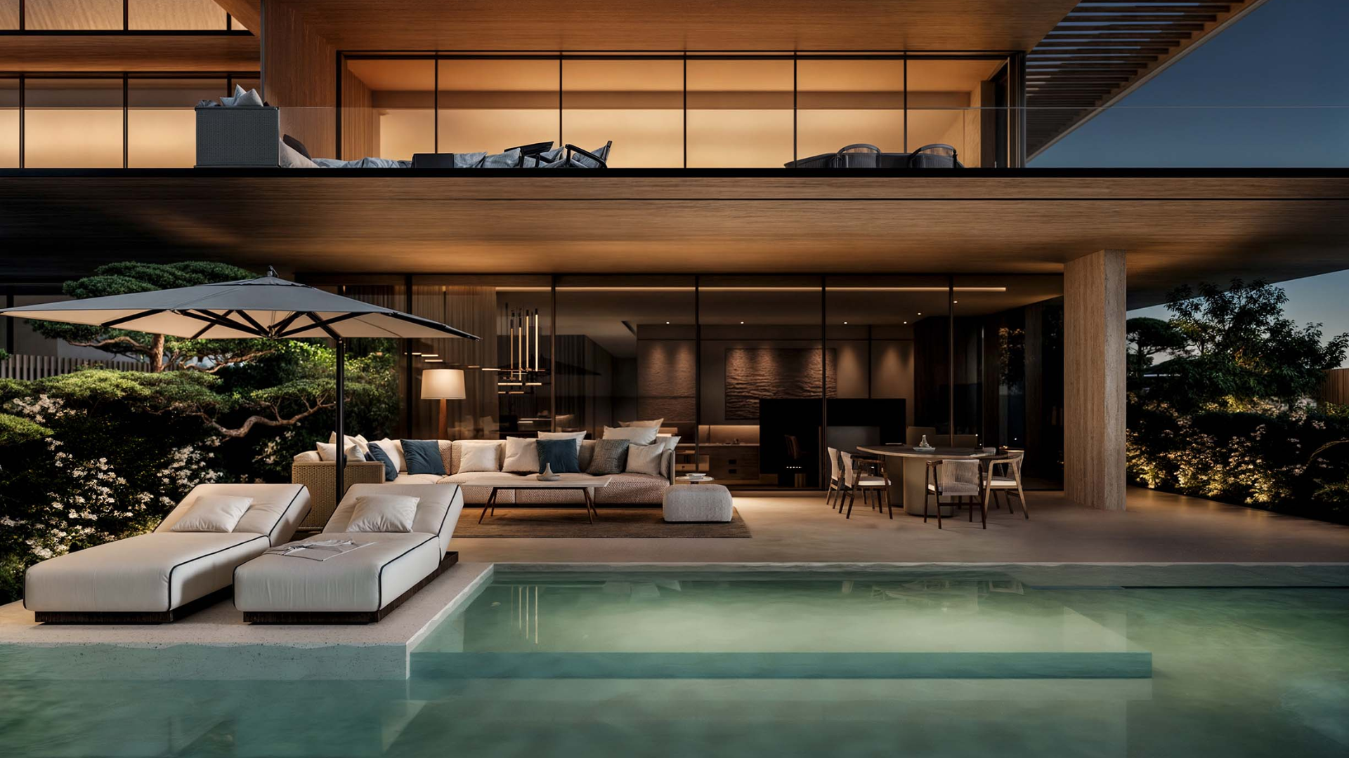 Elegant outdoor lounge and private pool at Omoria Private Residences, designed for modern luxury living
