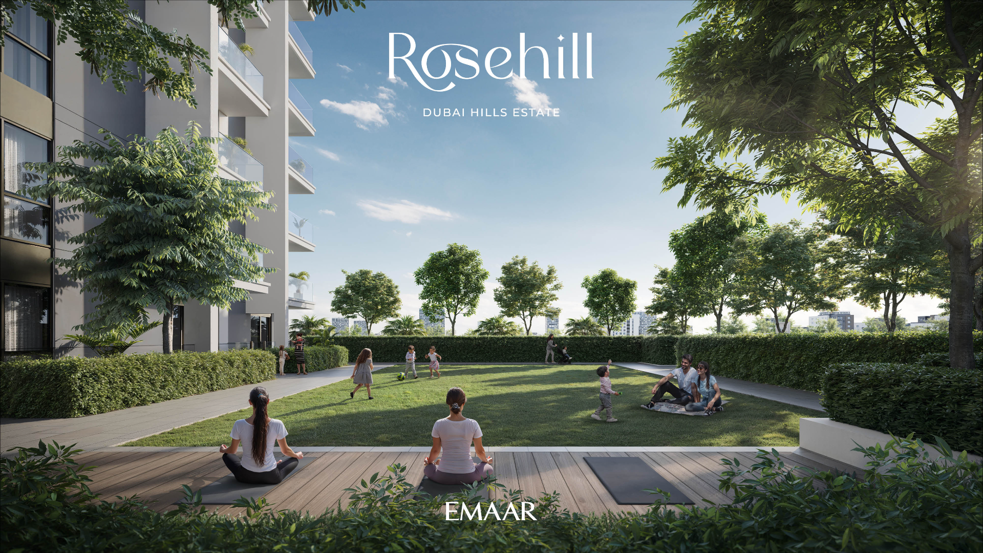 Contemporary residential towers rising above green walking trails and fitness zones