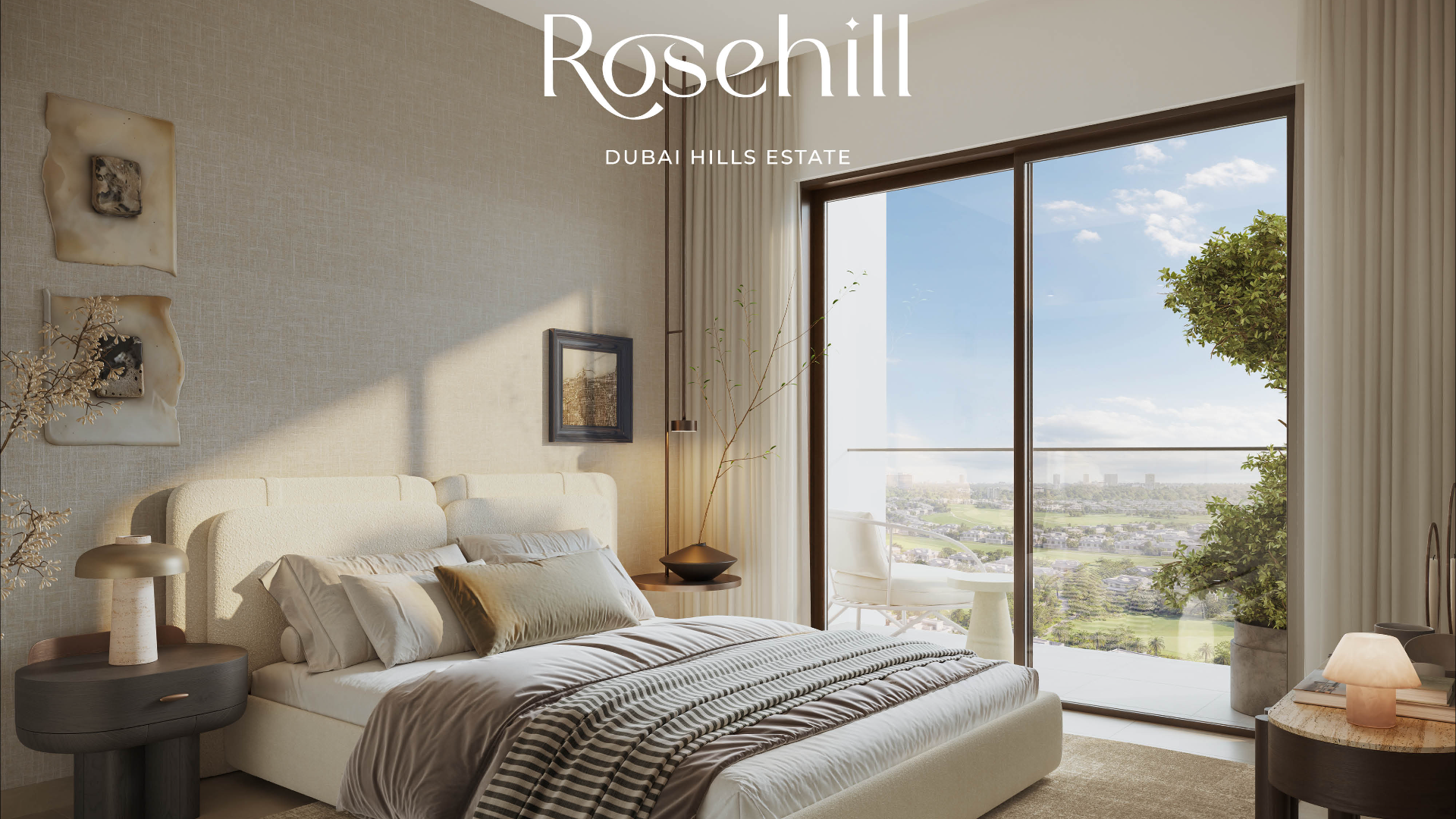 Spacious balcony view from luxury apartments with golf green in the distance