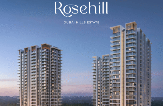 Evening view of twin residential towers with rooftop pool and lush landscaped surroundings