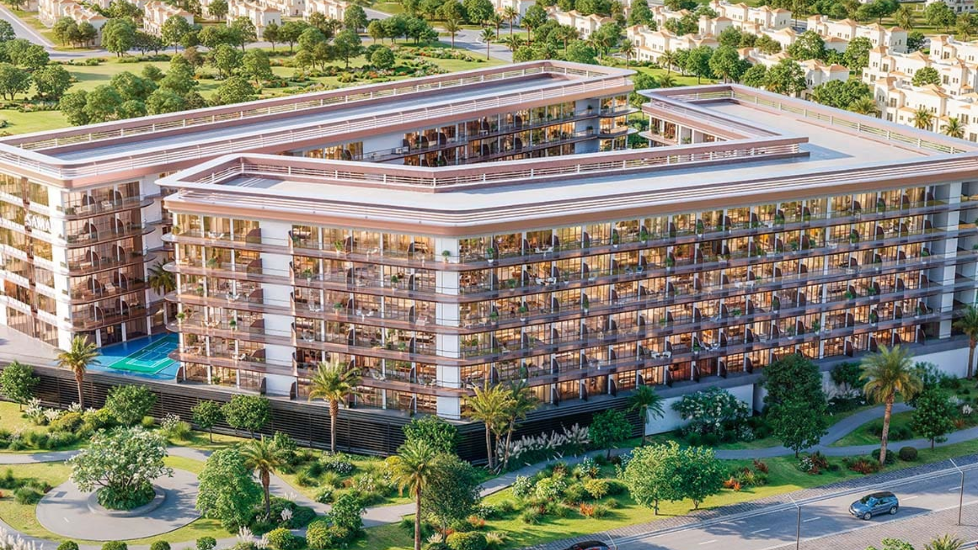 Community overview showing interconnected residential buildings and open space