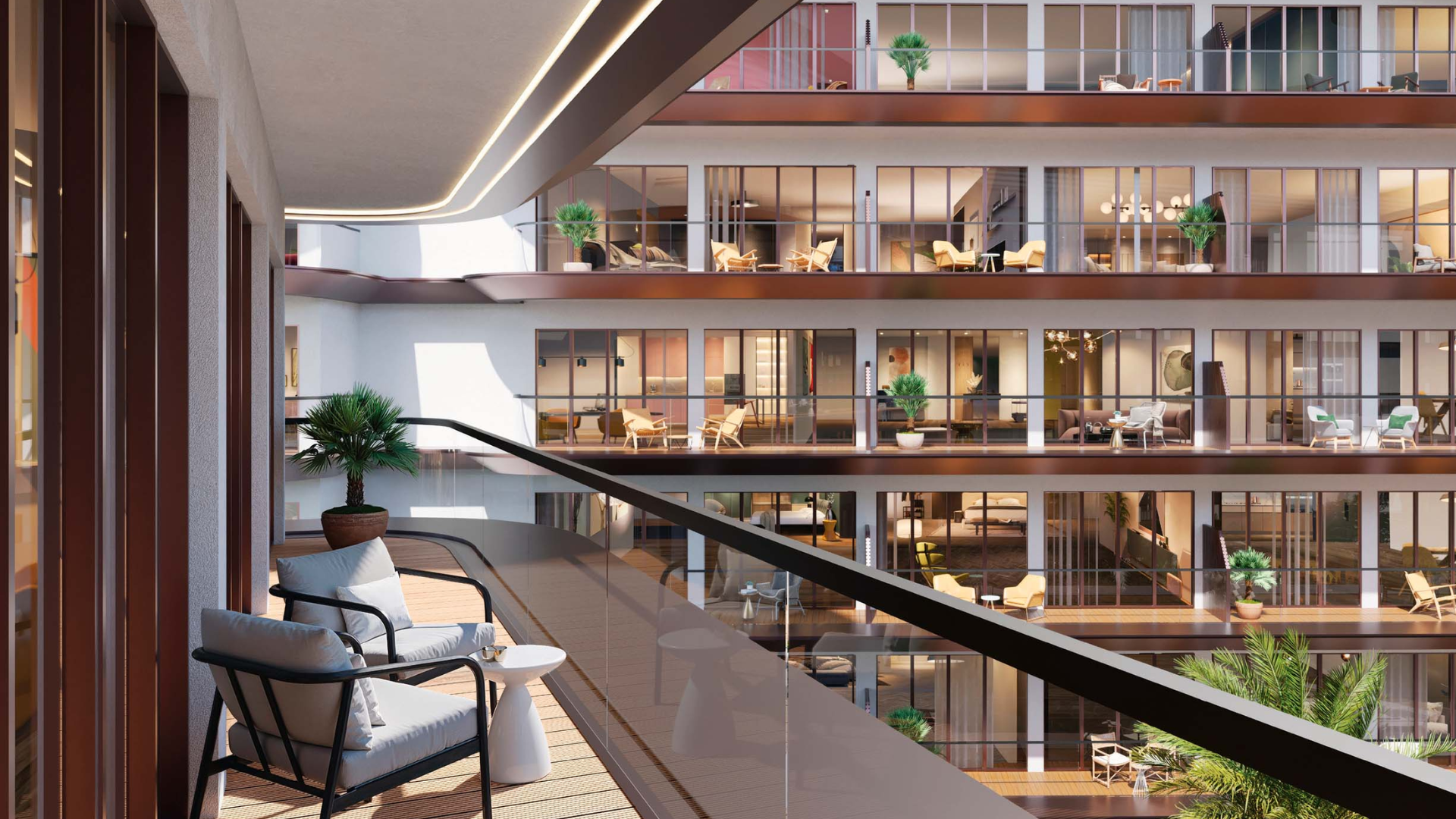 Spacious living room with floor-to-ceiling windows and neutral interiors