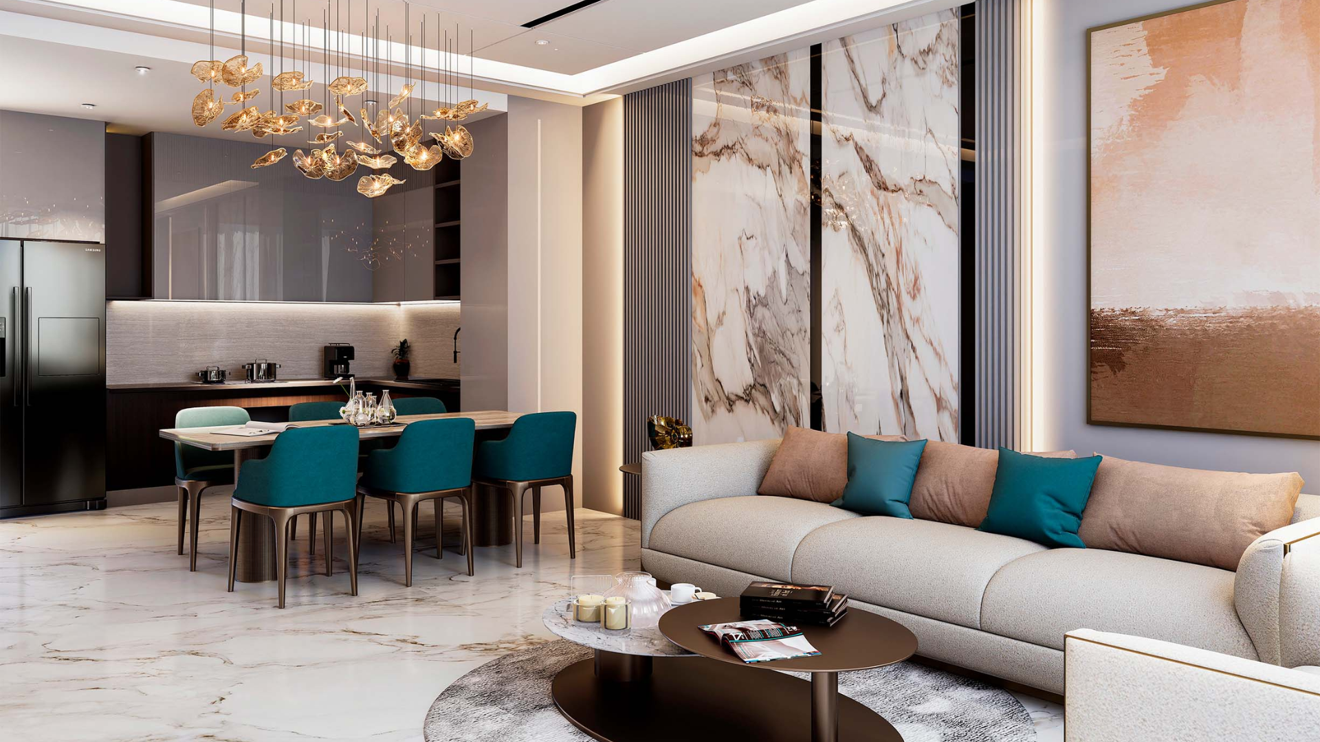 Open-plan kitchen layout with built-in appliances and modern cabinetry