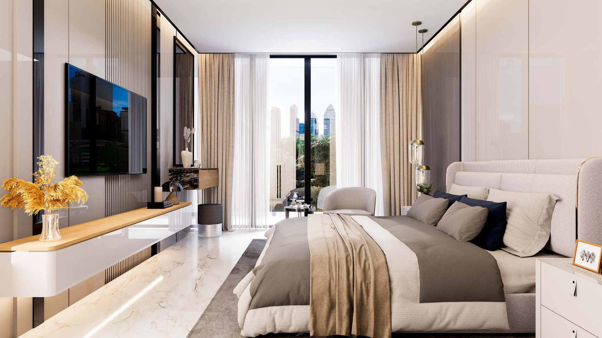 One-bedroom apartment interior with lounge and dining space