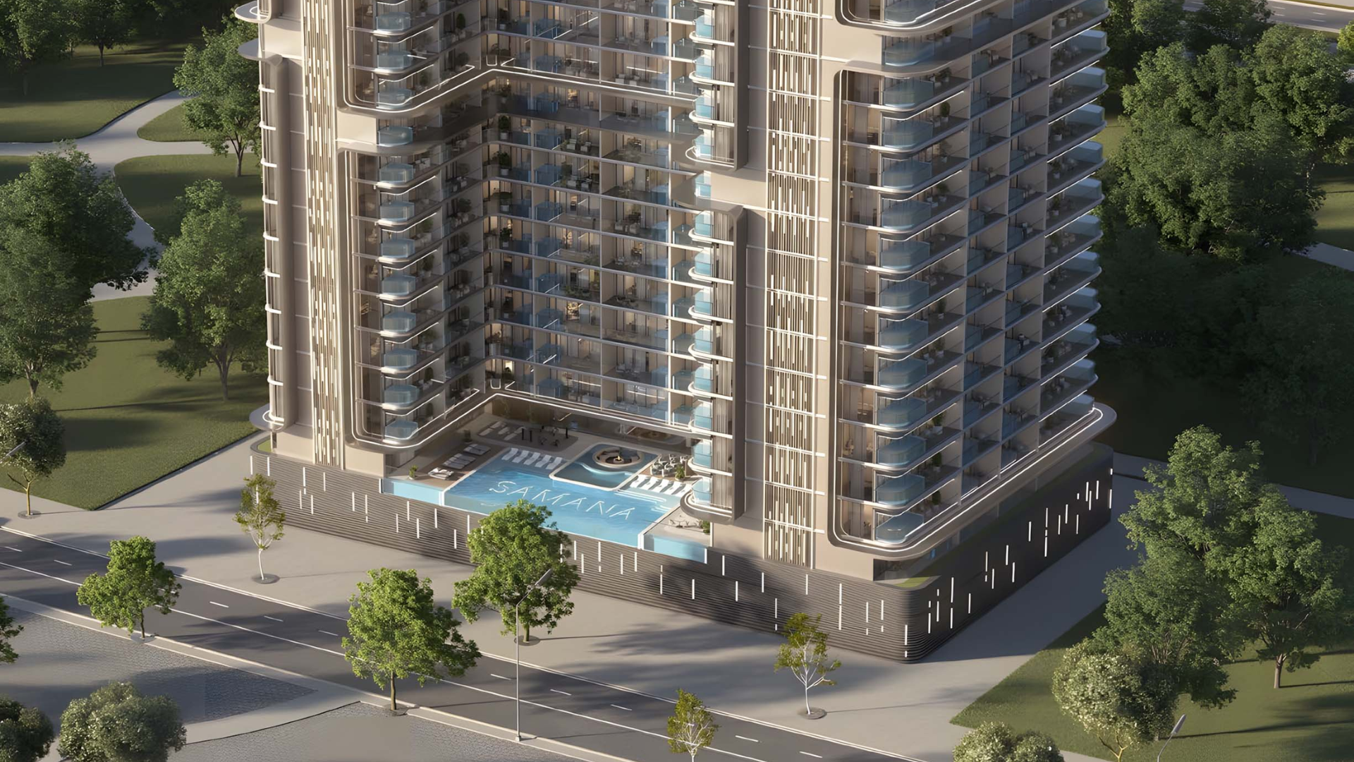 Residential tower illuminated in the evening sky