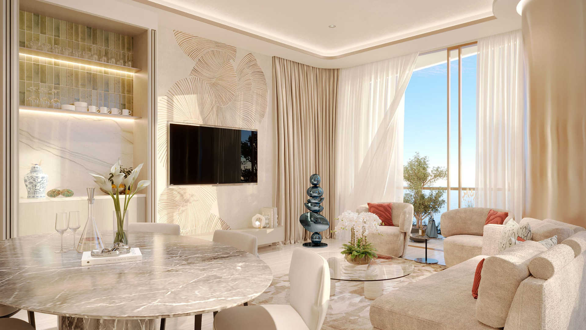 Modern high-rise apartments on the Dubai Islands shoreline