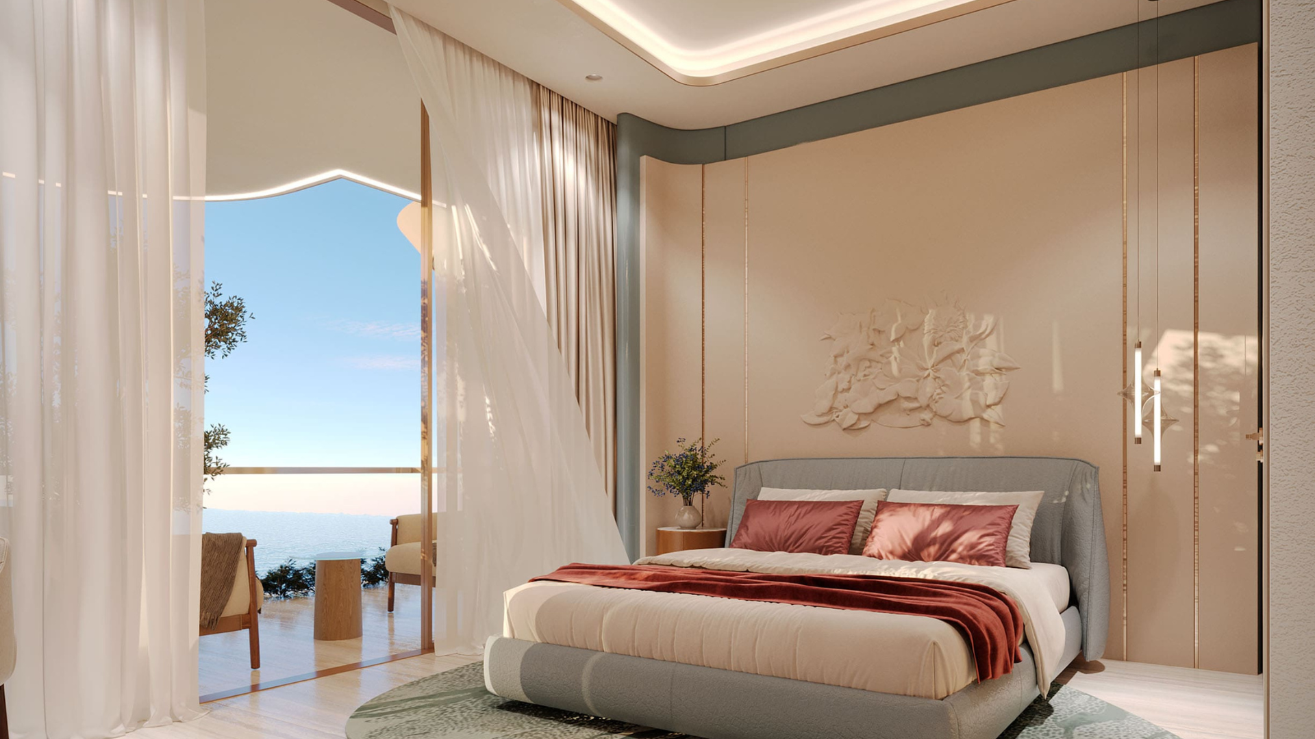 Elegant master bedroom with sea and golf course views