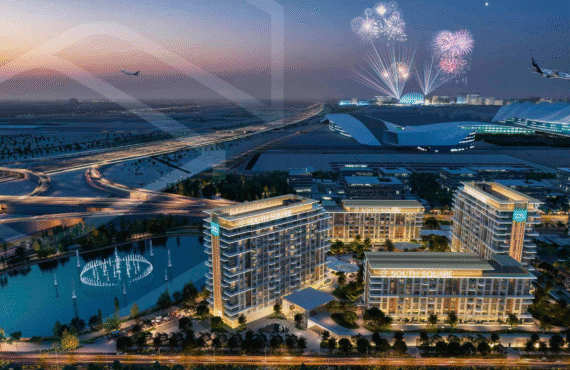 Night view of residential towers with lake, highway, and fireworks in the distance