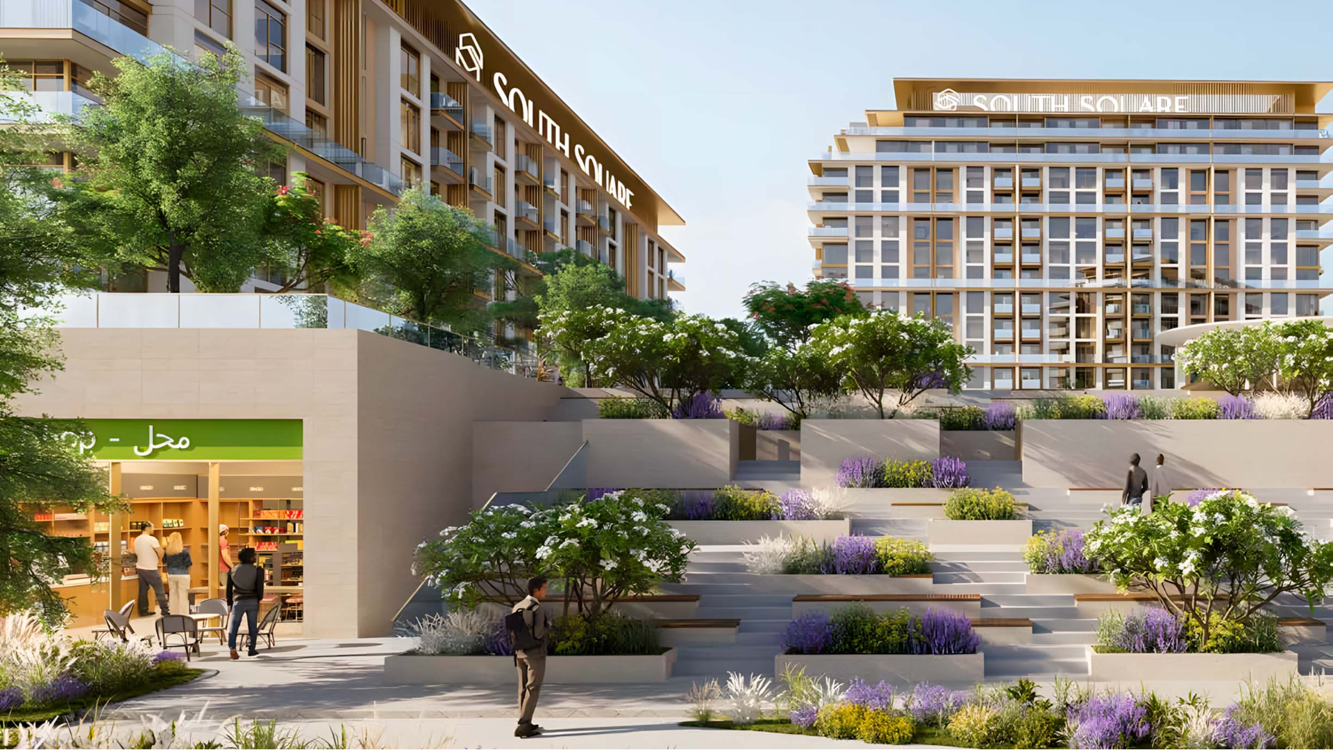 Tiered garden steps with flowering plants, trees, and people walking and shopping