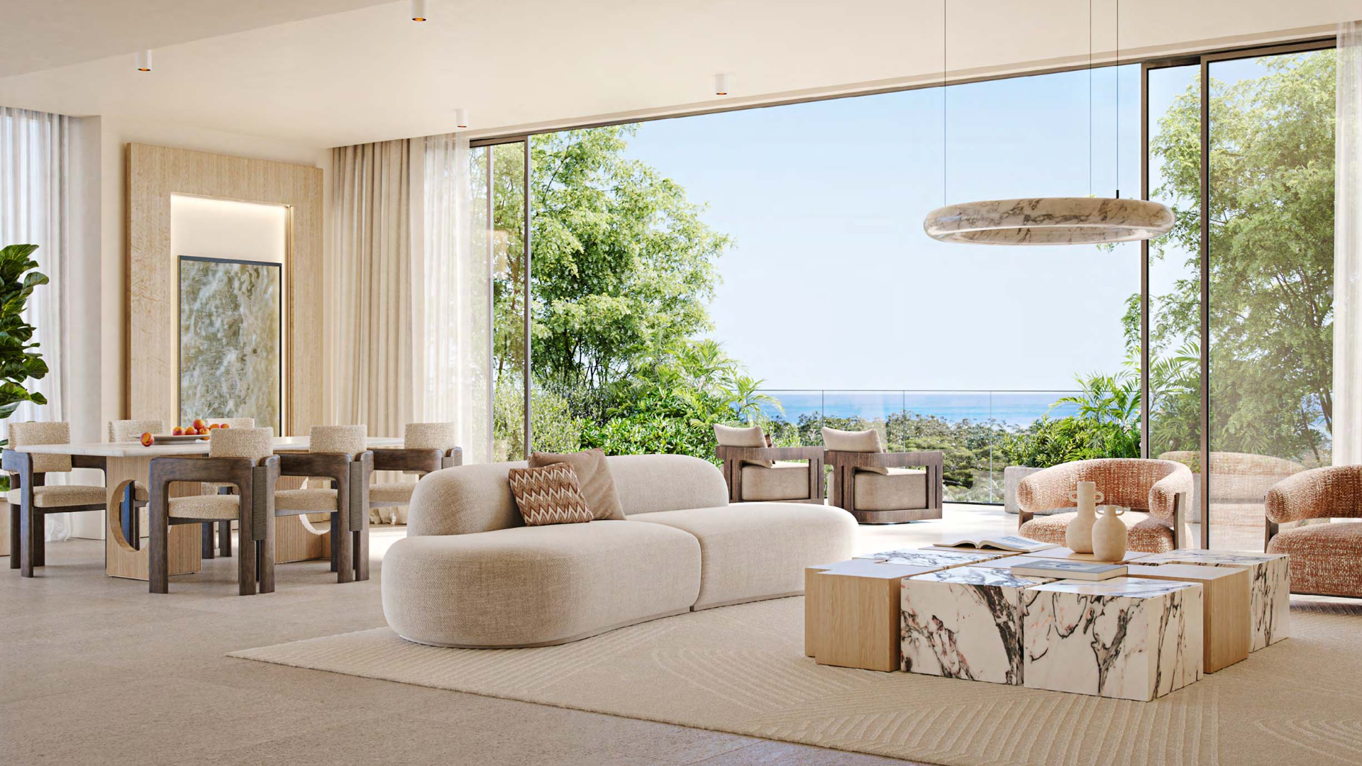 Aerial view of Dubai Maritime City surrounded by greenery and sea