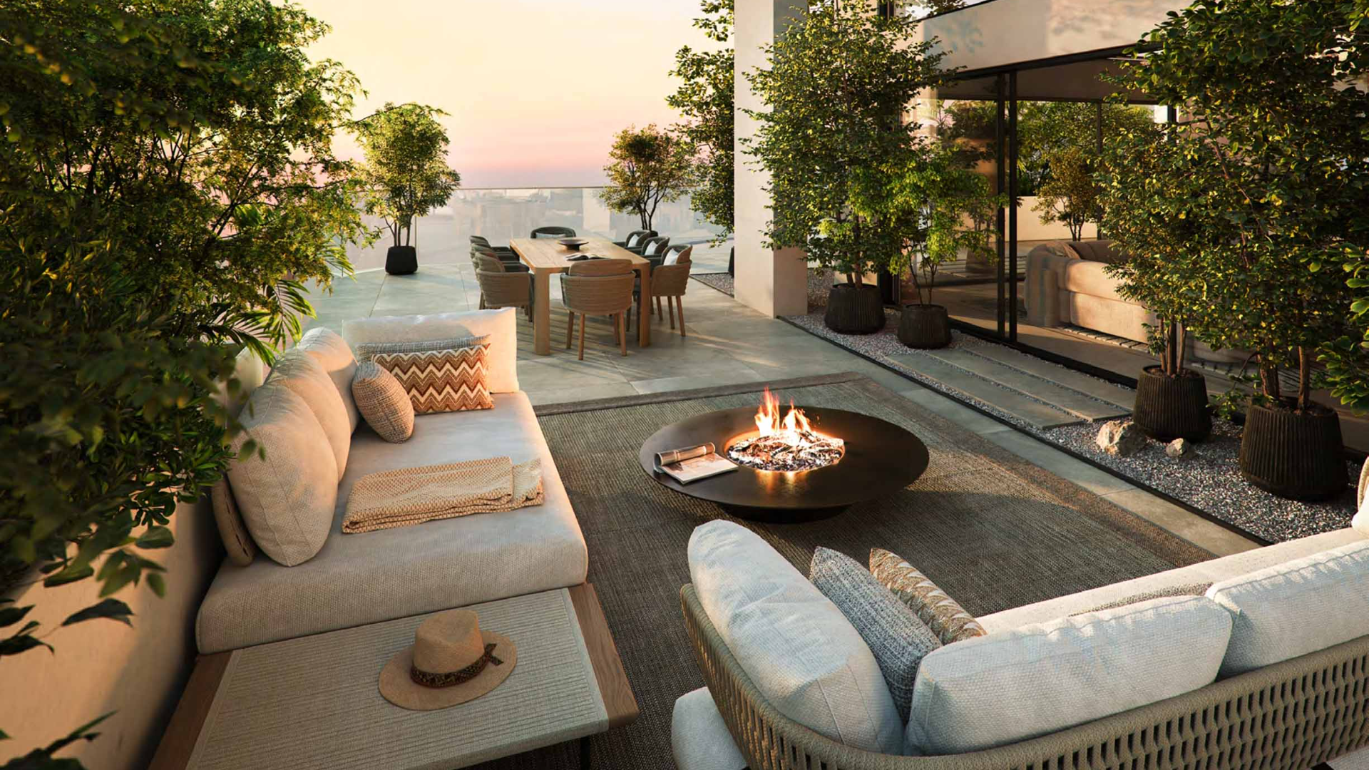 Penthouse terrace with outdoor seating and panoramic sea view