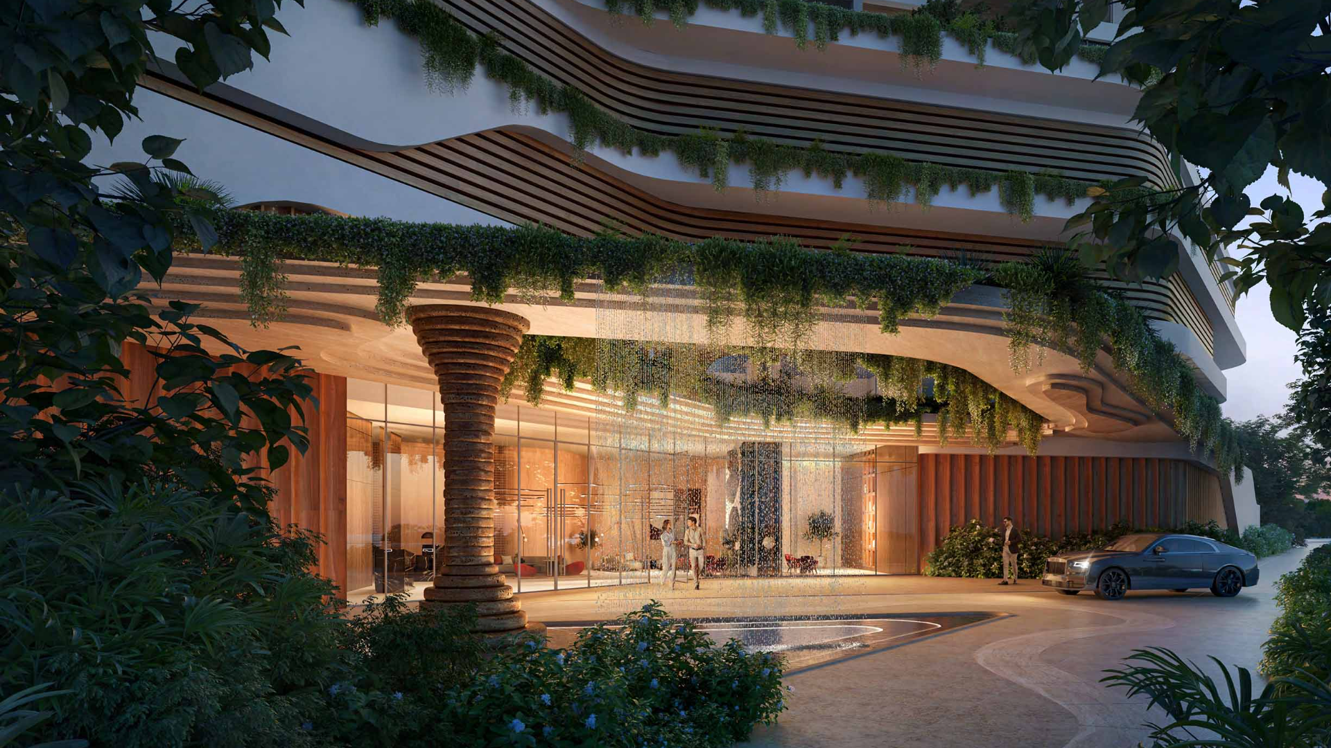 Green park with palm trees and benches beside residential tower