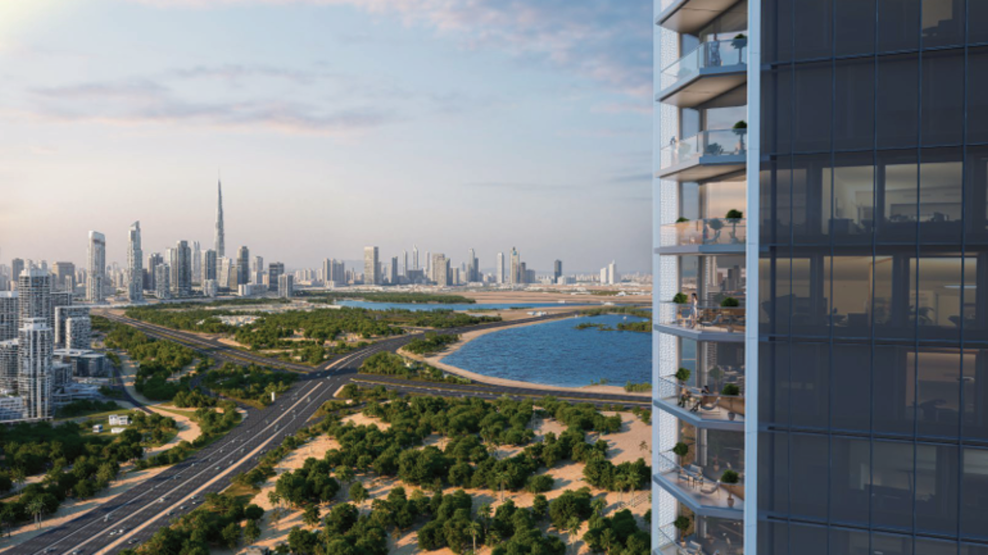 Master bedroom with panoramic windows and modern interiors