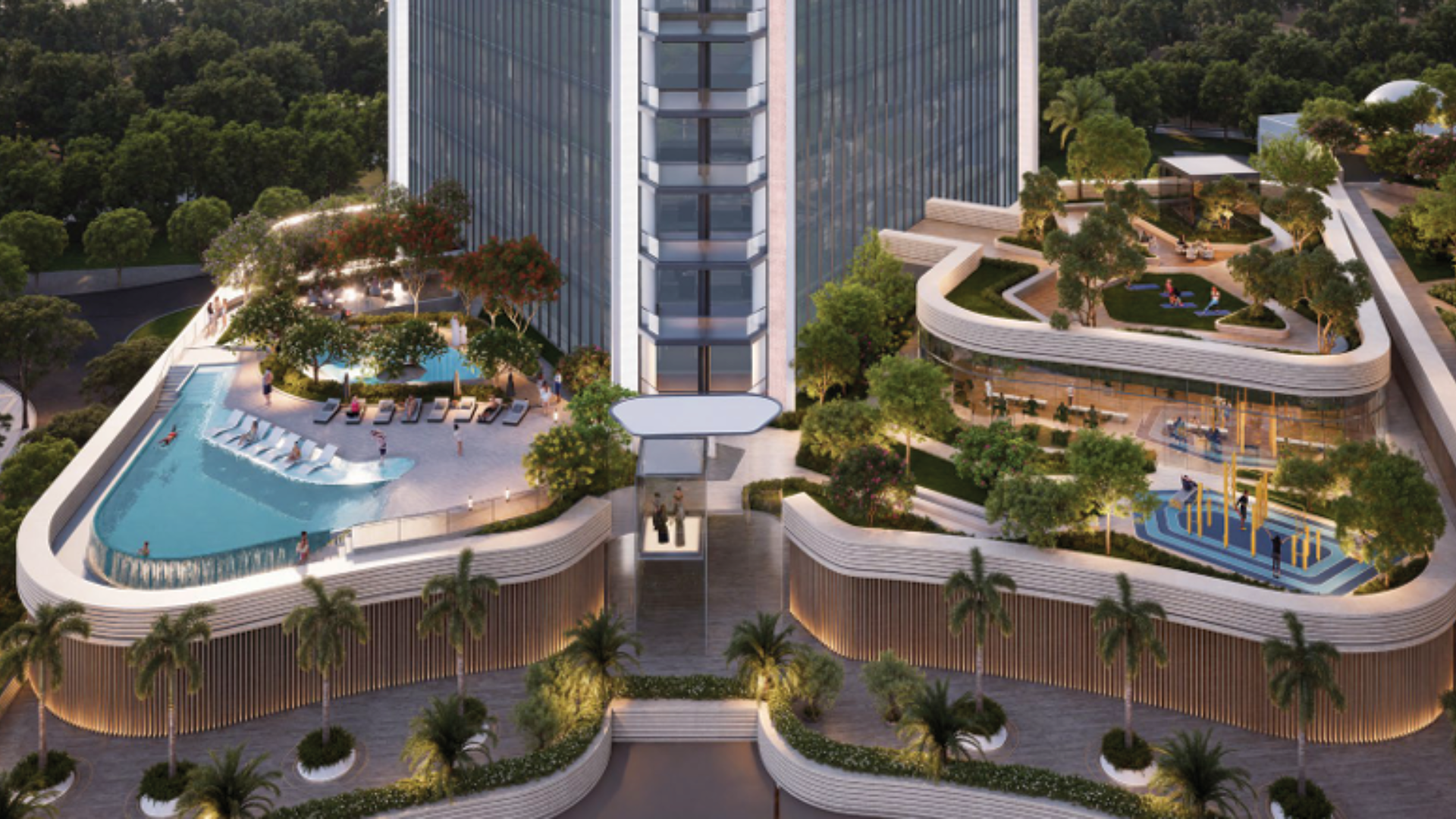 Luxury penthouse balcony with panoramic city and waterfront views