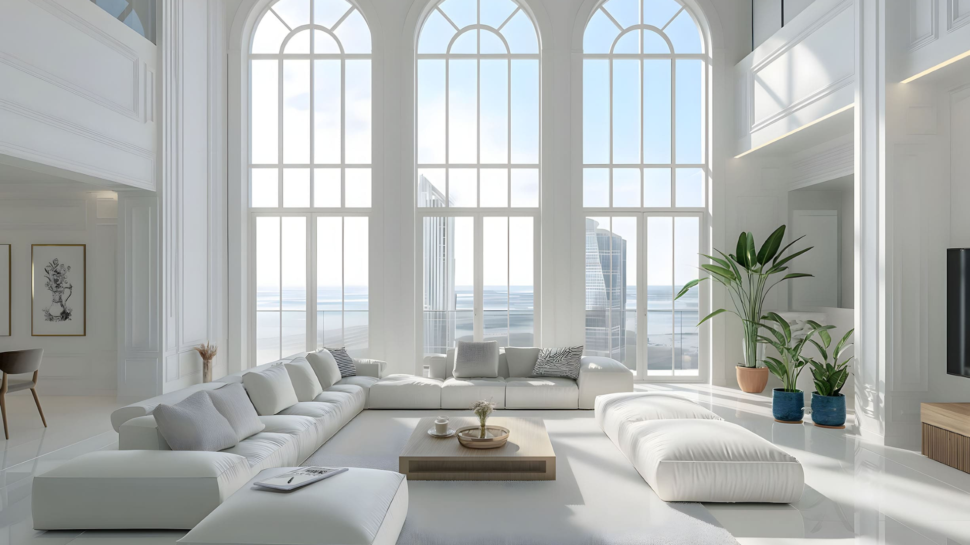 Spacious, modern living room with high ceilings, large arched windows, and panoramic views.