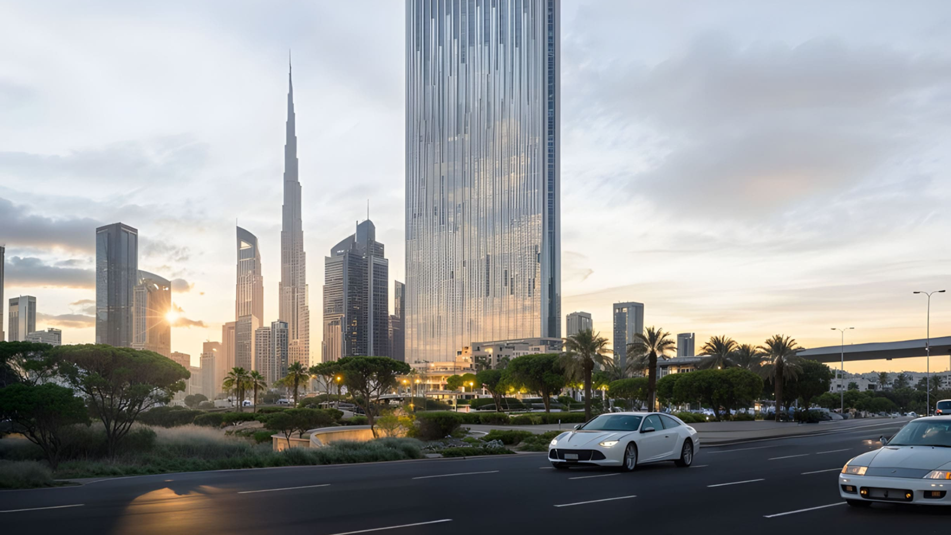 Tall glass skyscraper in a vibrant urban setting with a city skyline in the distance