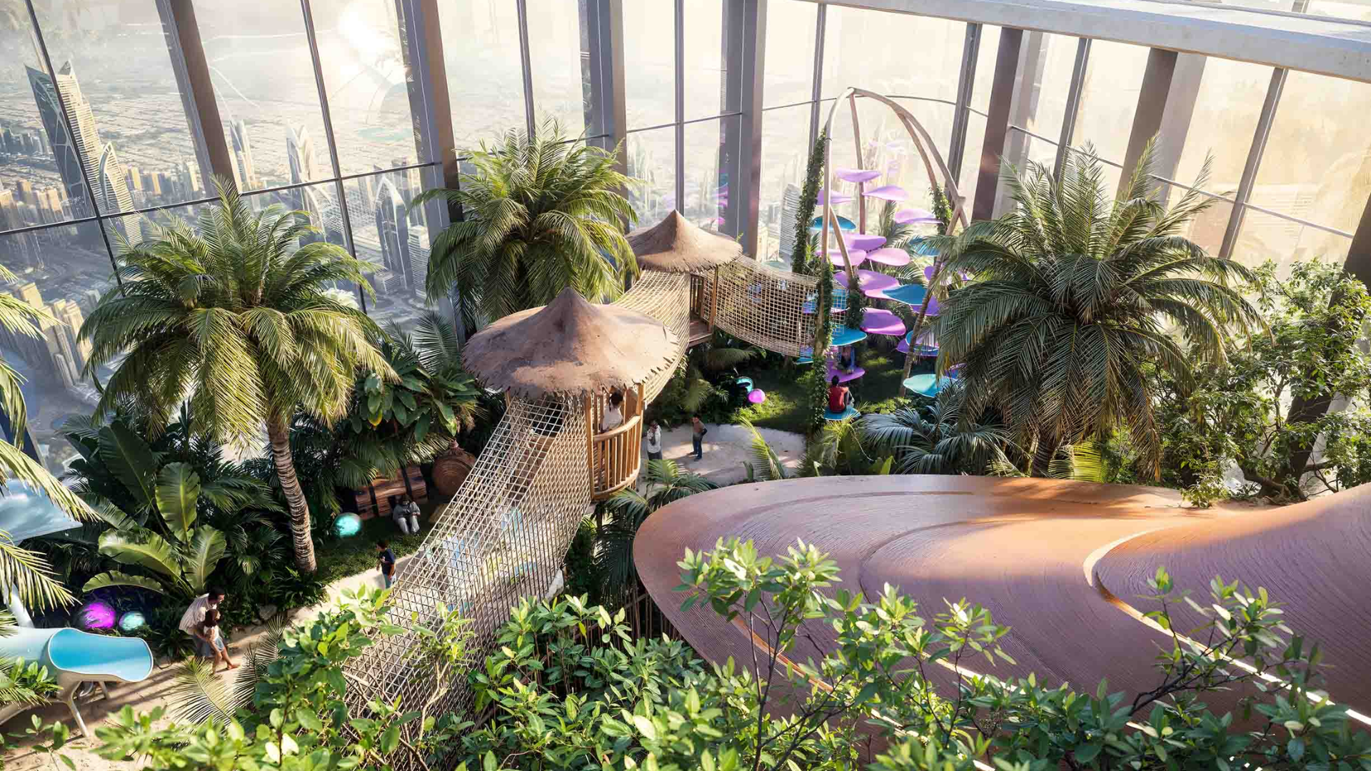 Indoor tropical park with play structures and city views, Business Bay
