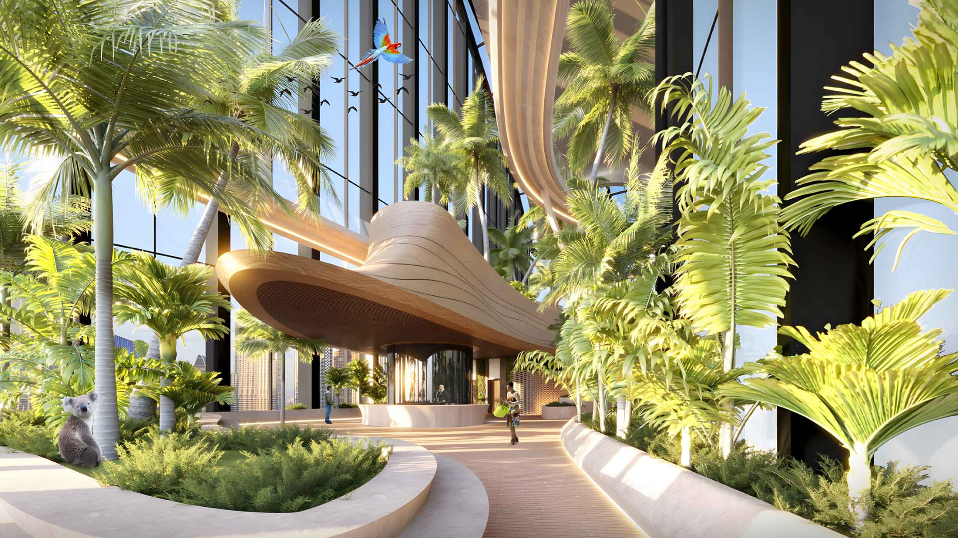 Lush tropical garden entrance to a modern building with palm trees and a curved wooden canopy
