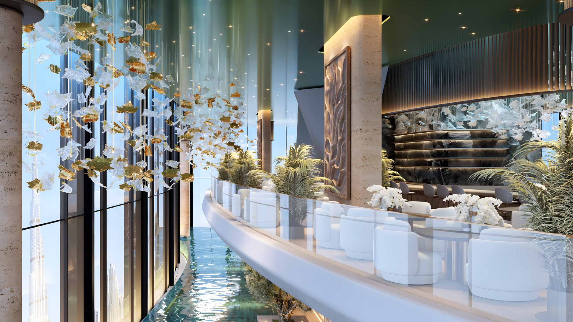 Vast indoor tropical park with palm trees, rope bridges, and elevated play structures.