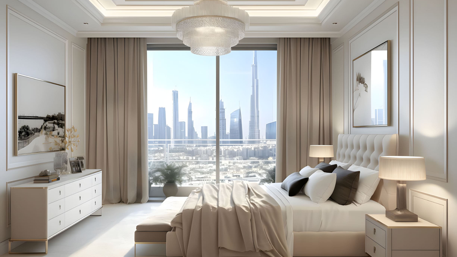 Elegant bedroom with large window offering panoramic city skyline views and modern furnishings.