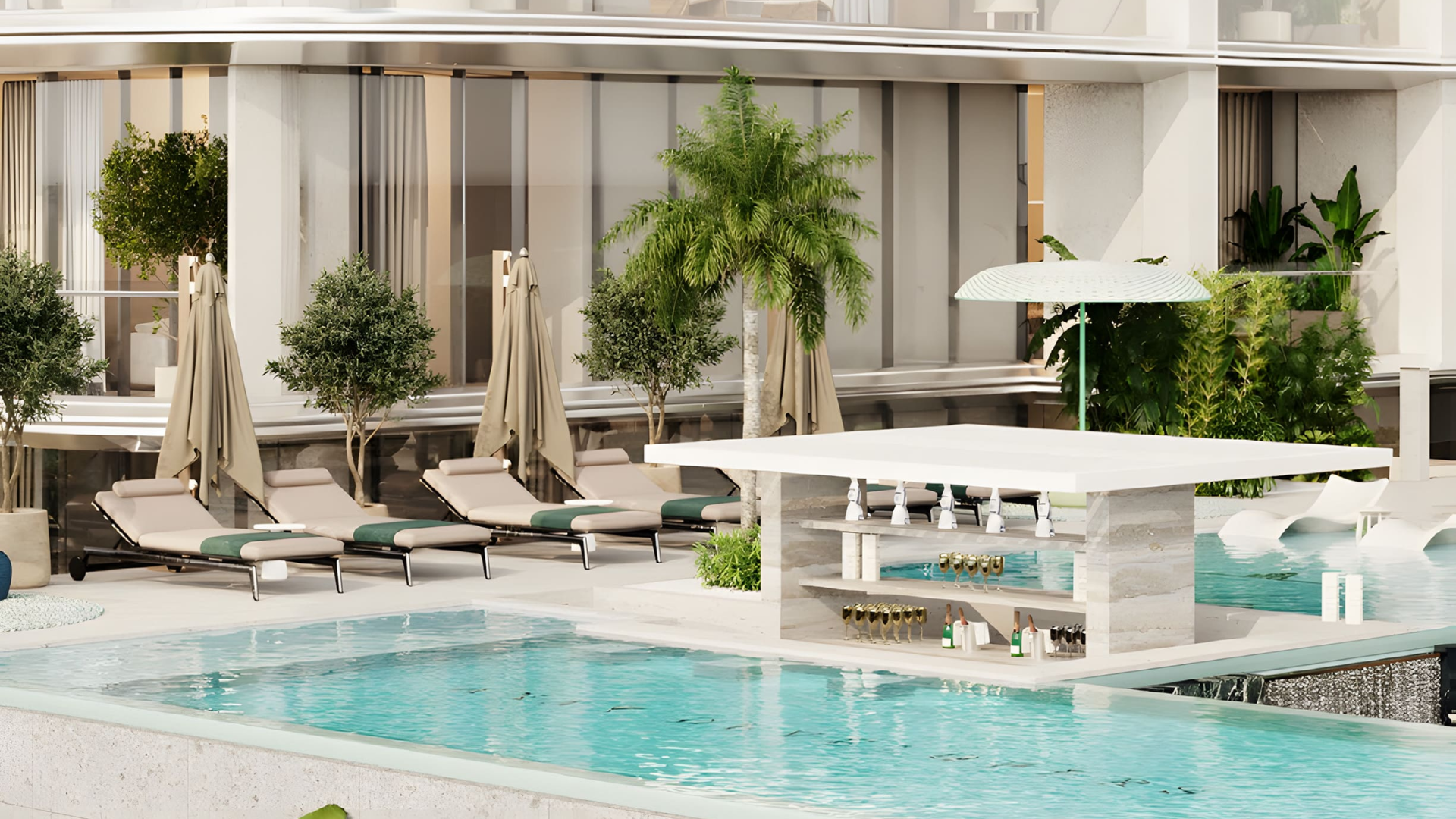 Modern poolside lounge with sunbeds and greenery