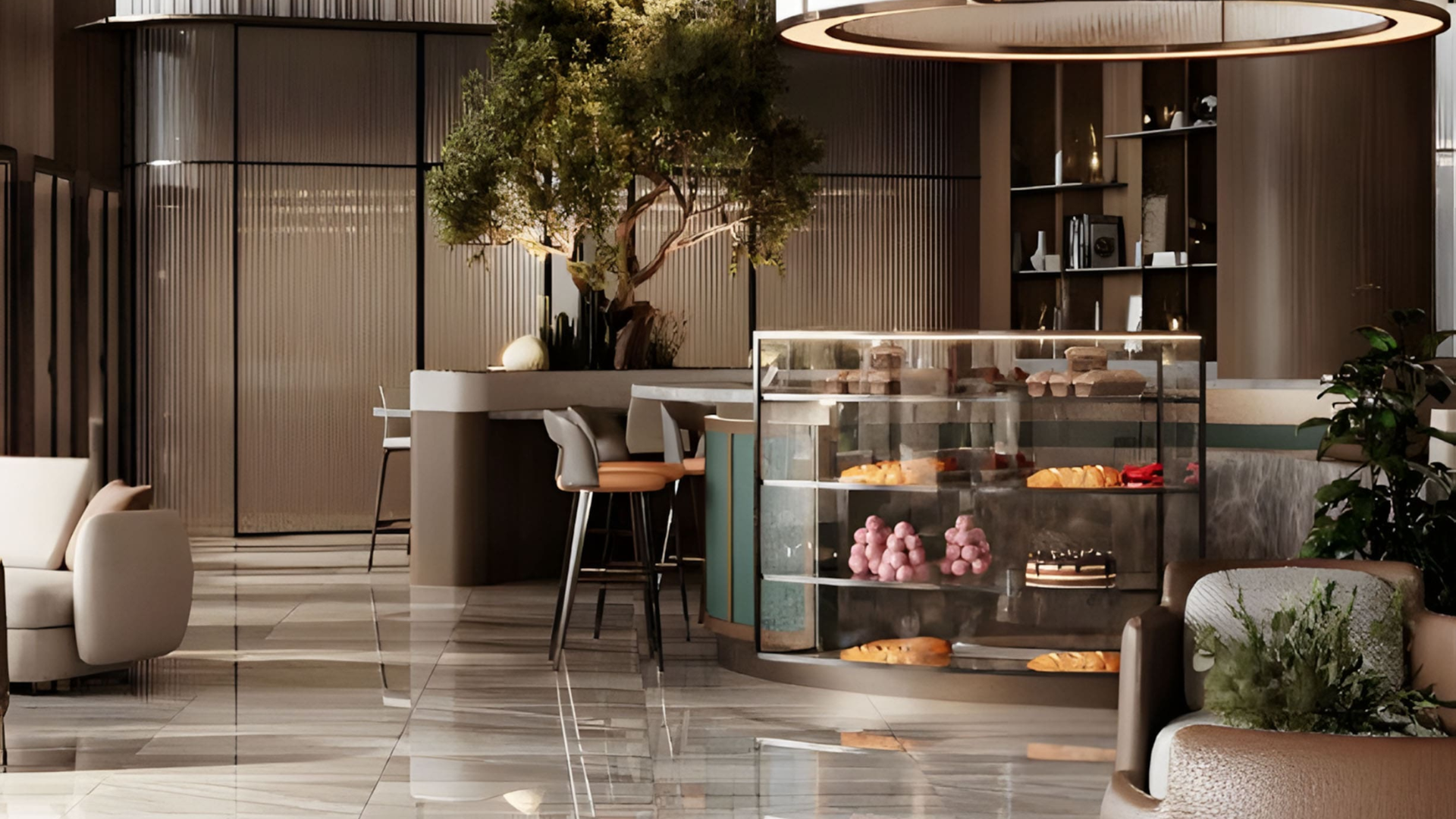 Elegant café interior with dessert display and bar stools