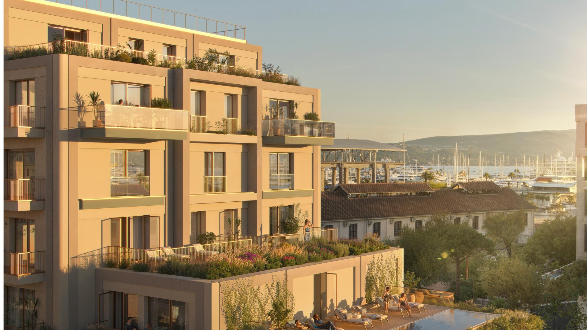 Modern resort-style pool with stepping stones and relaxing outdoor lounge in Tivat