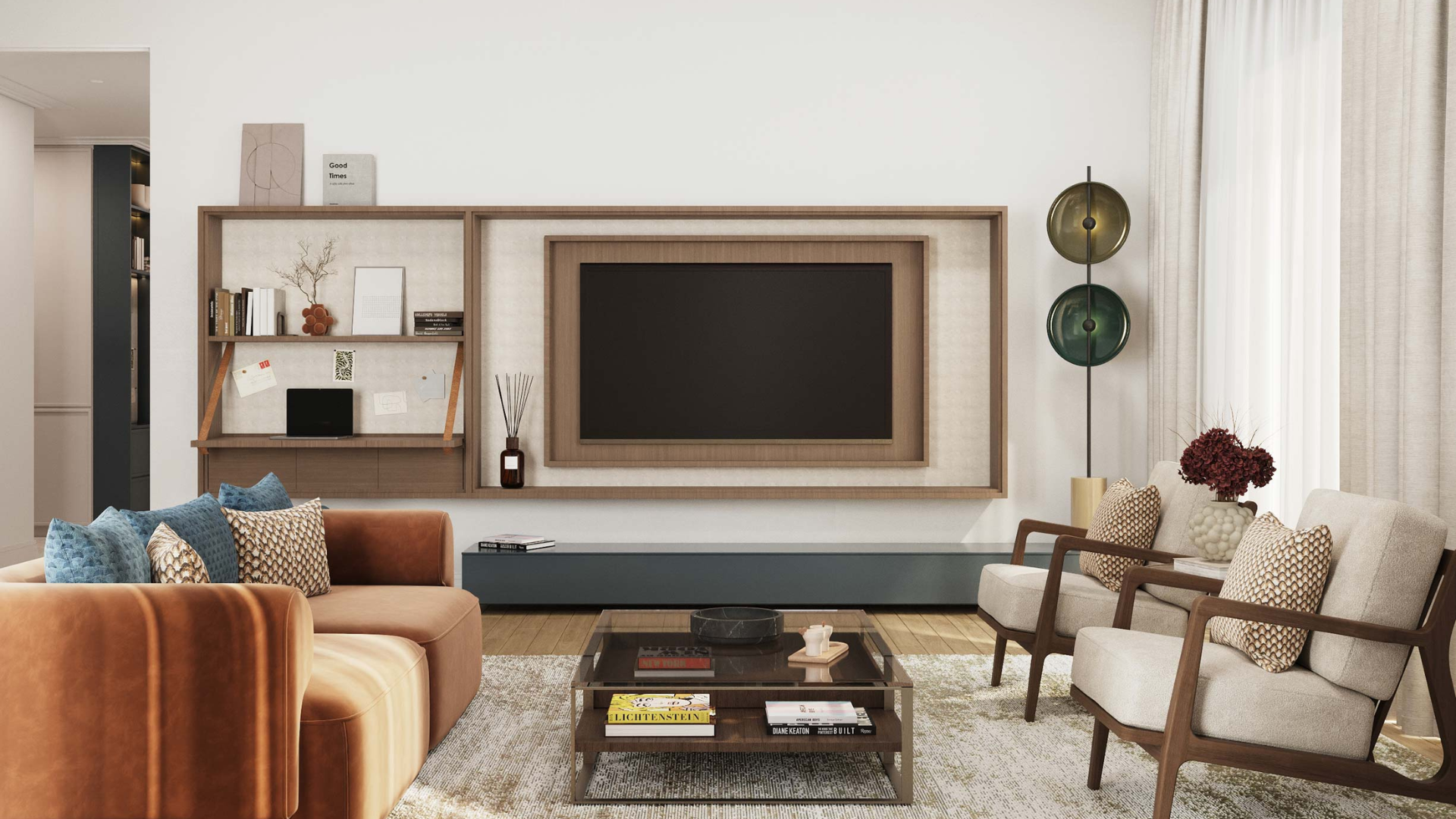Modern living room with cozy furniture and wall-mounted TV