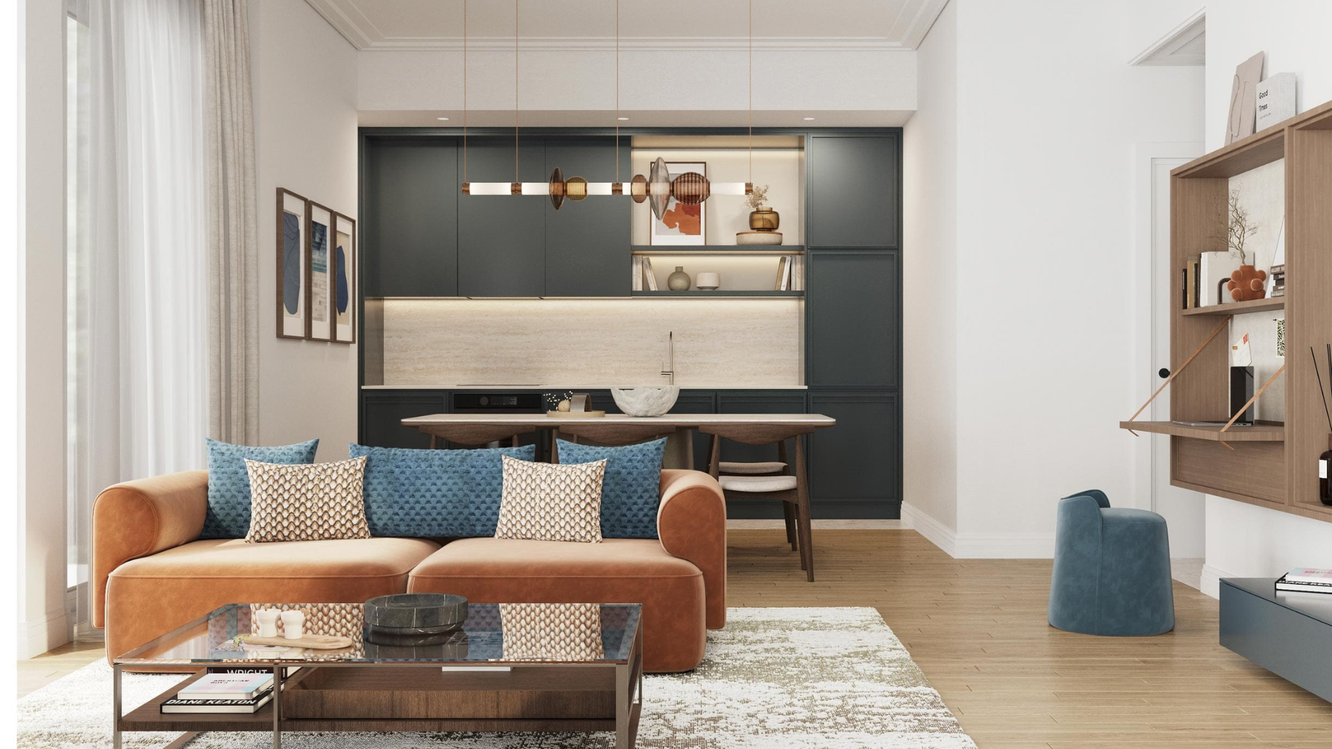 Stylish lounge setup with brown sofa, armchairs, and coffee table