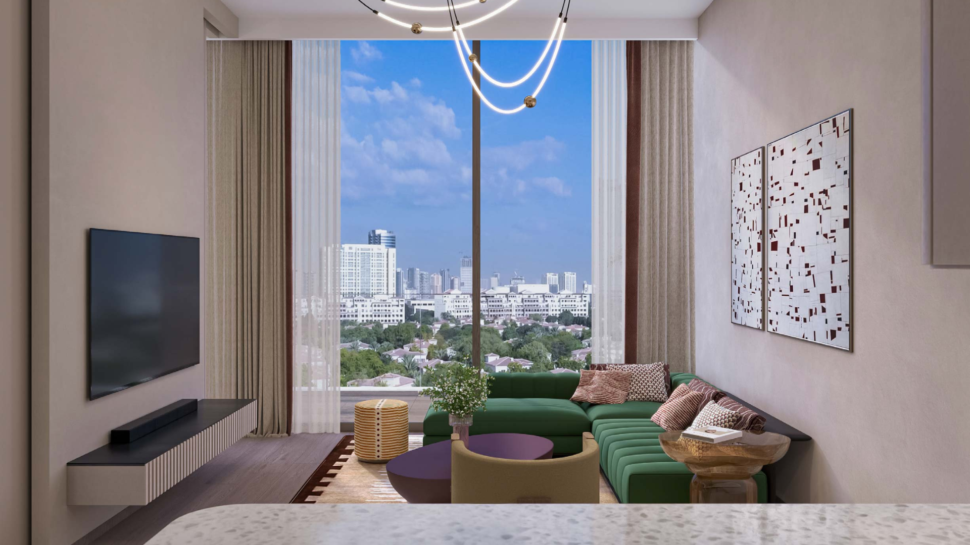 Outdoor evening setting with cozy furniture, palm trees, and a modern poolside atmosphere