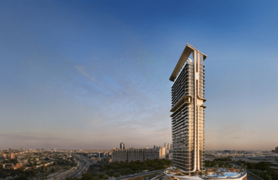 Iconic tower view from Velos Residence rooftop pool overlooking Dubai skyline