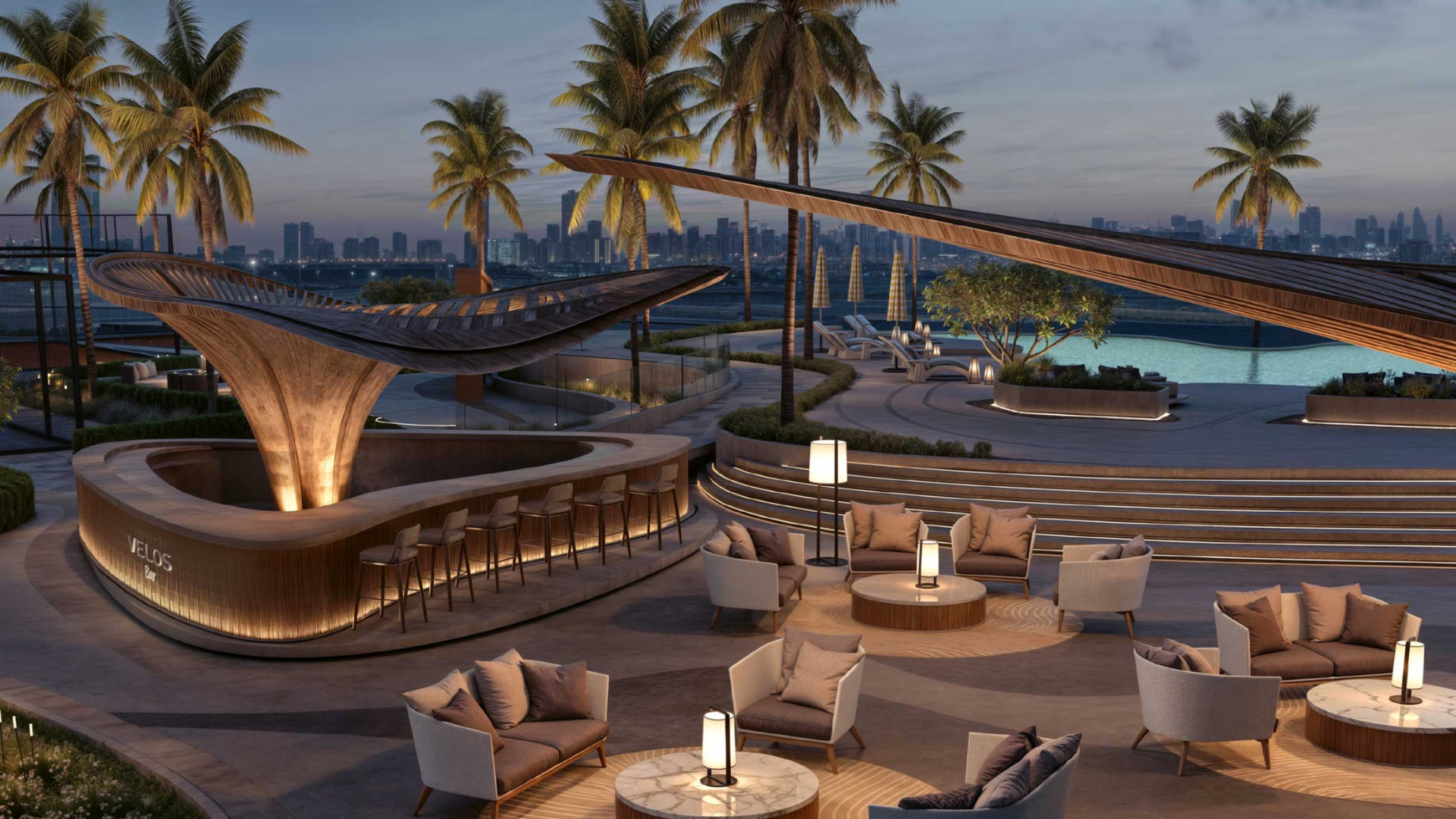 Elegant architectural design with curved terraces overlooking a highway and cityscape