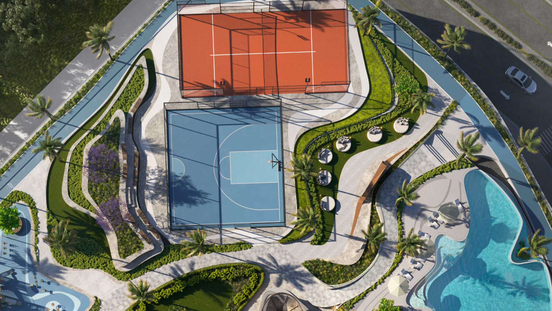 Tropical-inspired facade with natural elements and spacious outdoor areas