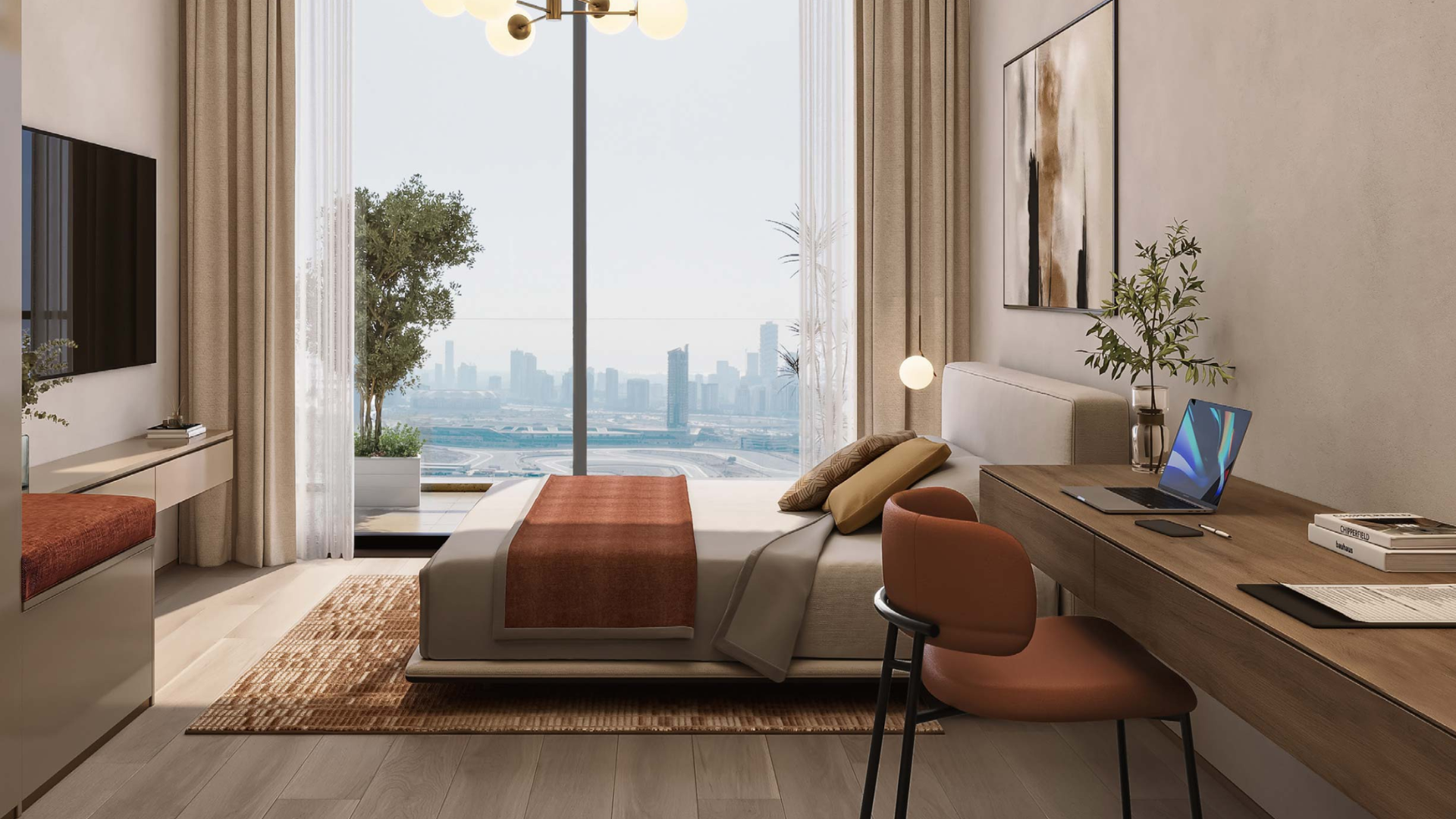 Modern apartment bedroom featuring minimalist furniture and soft color palette